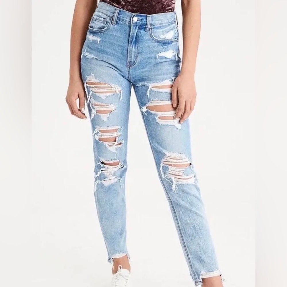 AMERICAN EAGLE Mom Distressed Frayed Hem Denim Stretch Jeans Size 0 Regular